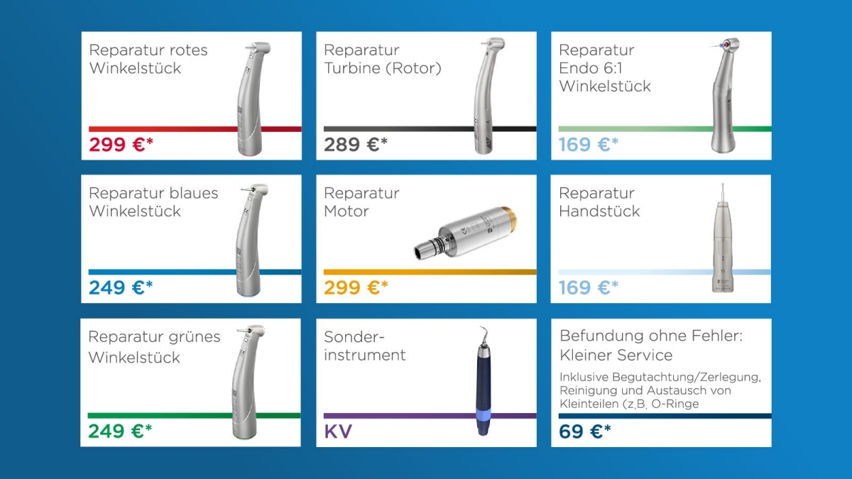 Reparatur von Winkelstücken, Turbinen, Motoren, Handstück, Sonderinstrumente